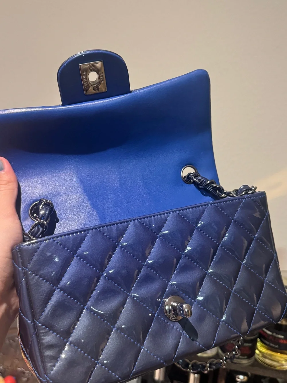 CHANEL Quilted Patent Leather Mini Flap Bag in Navy